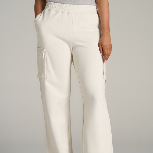 American Tall Pants - American Tall French Terry Wide Leg Cargo Sweatpants for Tall Women in White Aly